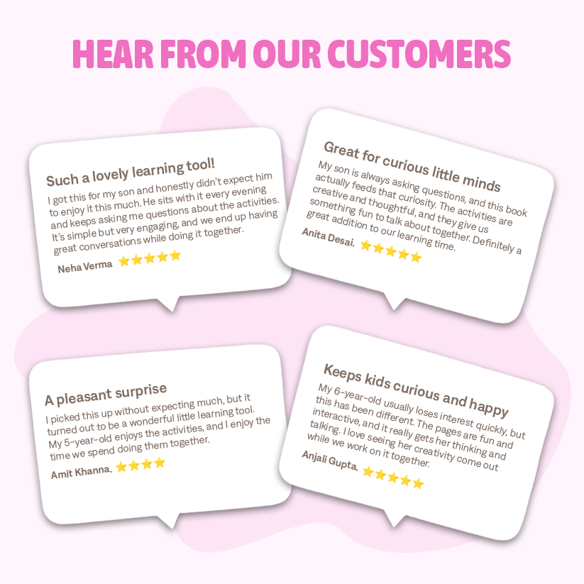 Reviews from customers on a pink background with speech bubble graphics.