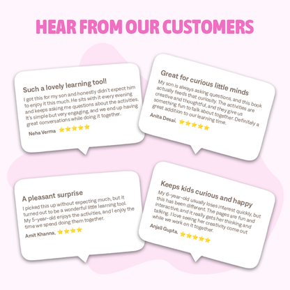 Reviews from customers on a pink background with speech bubble graphics.