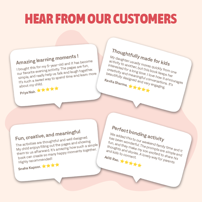 Reviews from customers on a pink background with text bubbles.