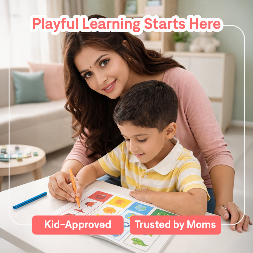 Woman and child engaged in a learning activity together, with text 'Playful Learning Starts Here', 'Kid-Approved', and 'Trusted by Moms'.