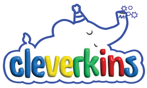 Logo of Cleverkins with a cartoon elephant and colorful text on a white background